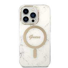 Заредете изображение във визуализатора на галерията – Original Set GUESS GUBPP14XHMEACSH for iPhone 14 Pro Max (Bundle Pack Magsafe: Case + Charger / IMG Marble / Gold - White)
