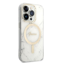 Заредете изображение във визуализатора на галерията – Original Set GUESS GUBPP14LHMEACSH for iPhone 14 Pro (Bundle Pack Magsafe: Case + Charger / IMG Marble / Gold - White)
