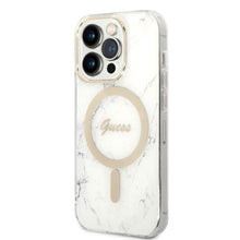 Заредете изображение във визуализатора на галерията – Original Set GUESS GUBPP14XHMEACSH for iPhone 14 Pro Max (Bundle Pack Magsafe: Case + Charger / IMG Marble / Gold - White)
