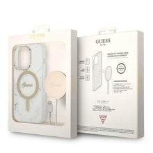 Заредете изображение във визуализатора на галерията – Original Set GUESS GUBPP14LHMEACSH for iPhone 14 Pro (Bundle Pack Magsafe: Case + Charger / IMG Marble / Gold - White)
