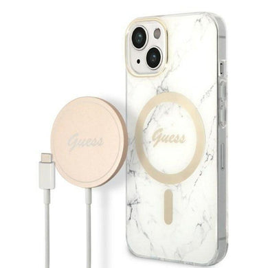 Original Set GUESS GUBPP14MHMEACSH for iPhone 14 Plus (Bundle Pack Magsafe: Case + Charger / IMG Marble / Gold - White)