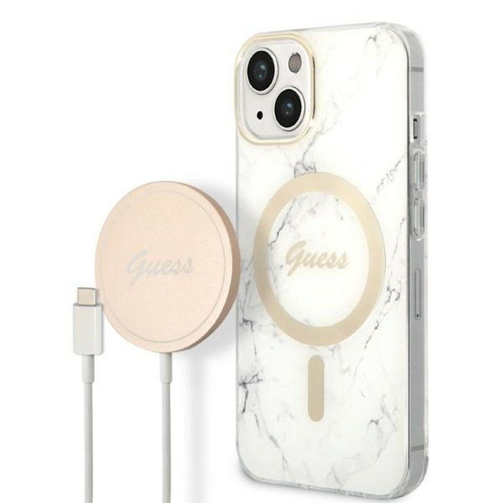 Original Set GUESS GUBPP14MHMEACSH for iPhone 14 Plus (Bundle Pack Magsafe: Case + Charger / IMG Marble / Gold - White)