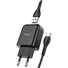 Заредете изображение във визуализатора на галерията – HOCO ładowarka sieciowa USB + kabel Typ C 2A N2 Vigour czarna
