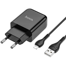 Заредете изображение във визуализатора на галерията – HOCO travel charger USB + cable for Lightning 8-pin 2A N2 Vigour black
