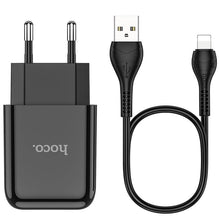 Заредете изображение във визуализатора на галерията – HOCO travel charger USB + cable for Lightning 8-pin 2A N2 Vigour black
