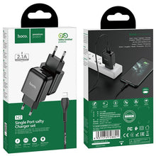 Заредете изображение във визуализатора на галерията – HOCO travel charger USB + cable for Lightning 8-pin 2A N2 Vigour black

