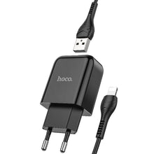Заредете изображение във визуализатора на галерията – HOCO travel charger USB + cable for Lightning 8-pin 2A N2 Vigour black
