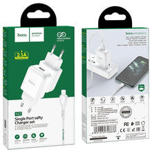 Заредете изображение във визуализатора на галерията – HOCO travel charger USB + cable for Lightning 8-pin 2A N2 Vigour white

