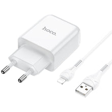 Заредете изображение във визуализатора на галерията – HOCO travel charger USB + cable for Lightning 8-pin 2A N2 Vigour white
