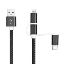 Заредете изображение във визуализатора на галерията – кабел 3in1 "lace" micro + Applele lightning + type c черен - само за 6.99 лв

