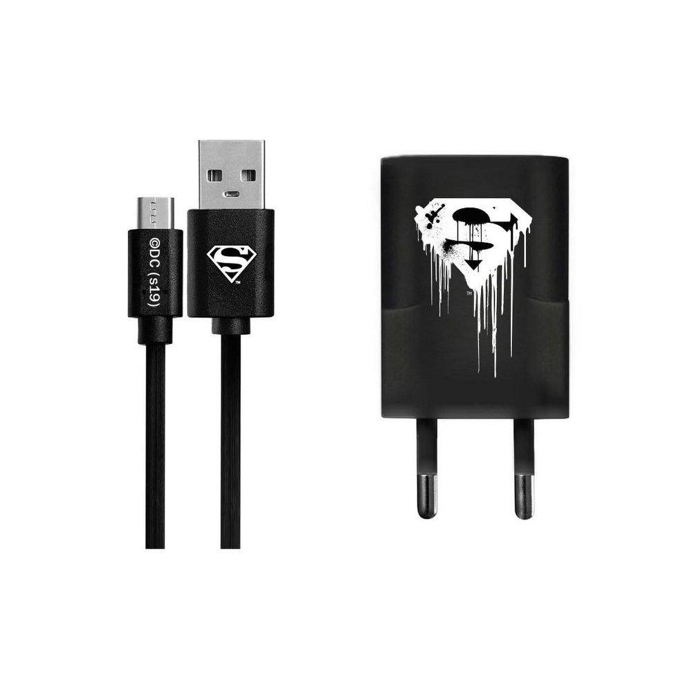 Зарядно с лиценз superman micro usb + черен кабел 001 - TopMag