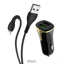 Заредете изображение във визуализатора на галерията – Зарядно за кола Hoco /2xUSB / qc3.0 + кабел Lightning 8-pin z31черен - TopMag
