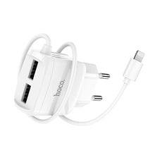 Заредете изображение във визуализатора на галерията – Зарядно Hoco travel 2xUSB порта + кабел Lightning 8-pin c59 2,1a бял - TopMag
