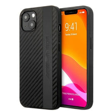 Заредете изображение във визуализатора на галерията – AMG AMHCP13MBLSCA iPhone 13 6.1" black/black hardcase Carbon Stripe&amp;Embossed
