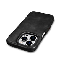 Заредете изображение във визуализатора на галерията – MagSafe Compatible Leather Flip Case for iPhone 15 Pro iCarer Curved Edge Oil Wax Real Leather Folio Case - Black
