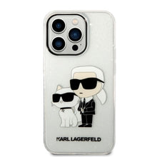 Заредете изображение във визуализатора на галерията – Original Pouch KARL LAGERFELD Gliter Karl&amp;Choupette KLHCP14XHNKCTGT for Iphone 14 Pro Max transparent
