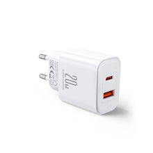 Заредете изображение във визуализатора на галерията – Joyroom JR-TCF05 20W USB-C / USB-A Fast Dual Port Wall Charger - White + USB-C - Lightning 1m

