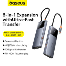 Заредете изображение във визуализатора на галерията – USB HUB 6in1 Baseus Metal Gleam Series II USB-A/USB-C/USB-C PD/HDMI/RJ45/SD/TF - black
