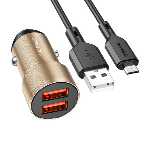 Borofone Car charger BZ19 Wisdom - 2xUSB - 12W with USB to Micro USB cable gold