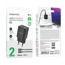 Заредете изображение във визуализатора на галерията – Borofone Wall charger BN14 Royal GaN - USB + Type C - QC 3.0 PD 30W with Type C to Type C cable black
