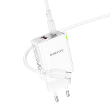 Заредете изображение във визуализатора на галерията – Borofone Wall charger BN16 Tough - USB + Type C - PD 45W 3A with Type C to Type C cable white
