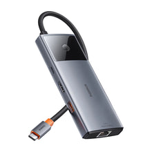 Заредете изображение във визуализатора на галерията – USB HUB 6in1 Baseus Metal Gleam Series II USB-A/USB-C/USB-C PD/HDMI/RJ45/SD/TF - black
