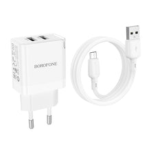 Заредете изображение във визуализатора на галерията – Borofone Wall charger BN15 Strong - 2xUSB - 2,1A with USB to Micro USB cable white
