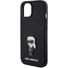Заредете изображение във визуализатора на галерията – Karl Lagerfeld Fixed Glitter Ikonik Logo Metal Pin case for iPhone 15 - black
