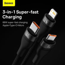 Заредете изображение във визуализатора на галерията – BASEUS cable USB 3in1 Flash Series USB-C micro USB Lightning 66W CASS040001
 1.2m black
