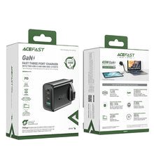 Заредете изображение във визуализатора на галерията – Acefast charger GaN 65W 3 ports (1xUSB, 2xUSB C PD) UK plug black (A44)
