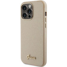 Заредете изображение във визуализатора на галерията – Guess Glitter Glossy Script case for iPhone 15 Pro - gold
