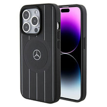 Заредете изображение във визуализатора на галерията – Original Case MERCEDES hardcase Stripes Pattern Leather MagSafe MEHMP15X23RHSK for Iphone 15 Pro Max Black
