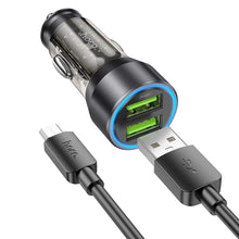 Заредете изображение във визуализатора на галерията – HOCO car charger 2 x USB QC 18W + cable USB to Micro NZ12 transparent black
