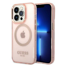 Заредете изображение във визуализатора на галерията – Guess GUHMP14LHTCMP iPhone 14 Pro 6.1&quot; pink/pink hard case Gold Outline Translucent MagSafe
