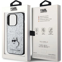 Заредете изображение във визуализатора на галерията – Karl Lagerfeld Fixed Glitter Choupette Logo Metal Pin Case for iPhone 15 Pro - Silver

