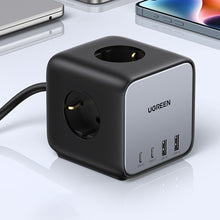 Заредете изображение във визуализатора на галерията – Ugreen cube power strip 65W USB / USB C + 3x AC socket black (CD268)
