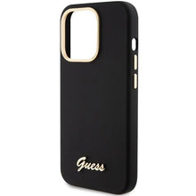Заредете изображение във визуализатора на галерията – Guess Silicone Script Metal Logo &amp; Frame case for iPhone 15 Pro Max - black
