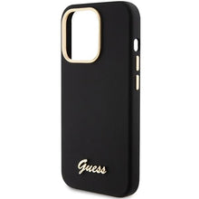 Заредете изображение във визуализатора на галерията – Guess Silicone Script Metal Logo &amp; Frame case for iPhone 15 Pro - black
