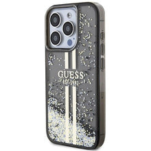 Заредете изображение във визуализатора на галерията – Original faceplate case GUESS GUHCP15LLFCSEGK for iPhone 15 Pro (Liquid Glitter Gold Stripes / black)
