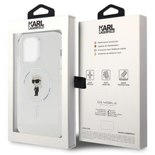 Заредете изображение във визуализатора на галерията – Original Pouch KARL LAGERFELD hardcase IML Ikonik Magsafe KLHMP15XHFCKNOT for Iphone 15 Pro Max Transparent
