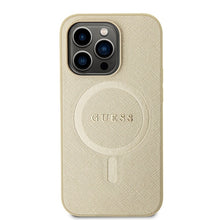 Заредете изображение във визуализатора на галерията – Original Case GUESS hardcase Saffiano MagSafe GUHMP15LPSAHMCB for Iphone 15 Pro gold
