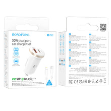 Заредете изображение във визуализатора на галерията – Borofone Car charger BZ22 Scenery - USB + Type C - QC 3.0 PD 30W with Type C to Lightning cable white
