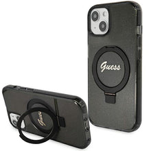 Заредете изображение във визуализатора на галерията – Original faceplate case GUESS GUHMP15MHRSGSK for iPhone 15 Plus (Magsafe / Glitter Script Logo / Ring stand / black)
