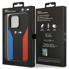 Заредете изображение във визуализатора на галерията – Case BMW BMHCP14L22SCSK iPhone 14 Pro 6.1" black/black Silicone Blue&amp;Red Stripes M Collection
