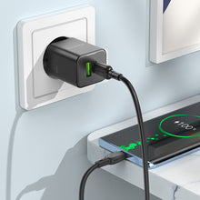 Заредете изображение във визуализатора на галерията – Borofone Wall charger BN14 Royal GaN - USB + Type C - QC 3.0 PD 30W with Type C to Type C cable black
