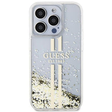 Заредете изображение във визуализатора на галерията – Original faceplate case GUESS GUHCP15LLFCSEGT for iPhone 15 Pro (Liquid Glitter Gold Stripes / transparent)
