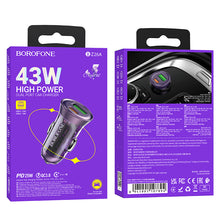 Заредете изображение във визуализатора на галерията – Borofone Car charger BZ26A Shadow - USB + Type C - PD 43W 3A transparent-purple
