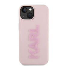 Заредете изображение във визуализатора на галерията – Original faceplate case KARL LAGERFELD KLHCP15M3DMBKCP for iPhone 15 PLUS (3D Logo Glitter  / pink)
