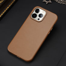Заредете изображение във визуализатора на галерията – Dux Ducis Grit Leather Case for iPhone 14 Pro Max Elegant Faux Leather Cover (MagSafe Compatible) Brown
