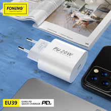 Заредете изображение във визуализатора на галерията – Foneng Wall charger EU39 - Type C - PD 20W 3A with Type C to Type C cable white
